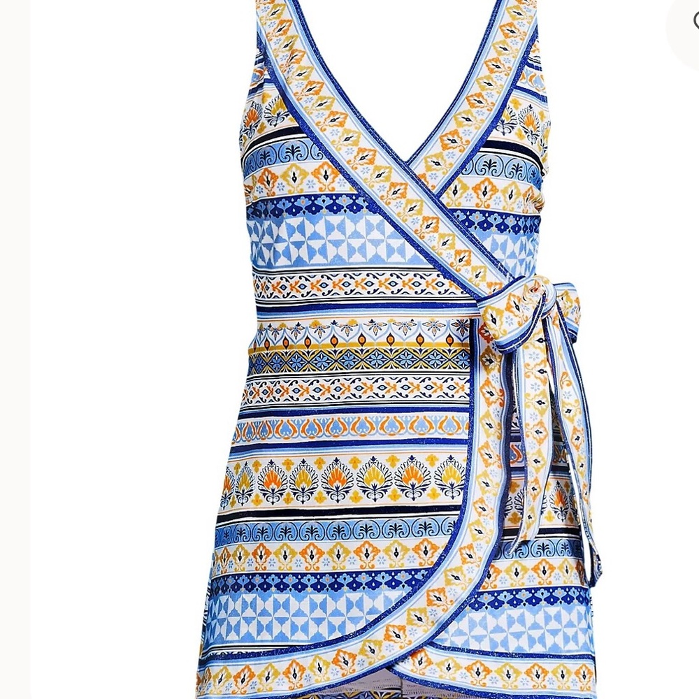 Blue and Yellow Patterned Wrap Top
